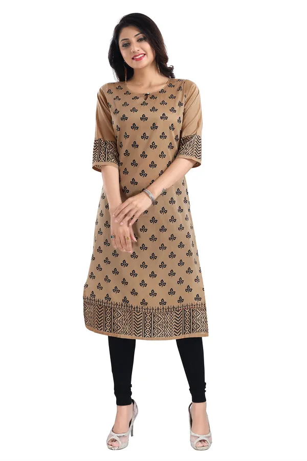 Gold_Cotton_Silk_Block_Print_Long_Kurta_For_Women