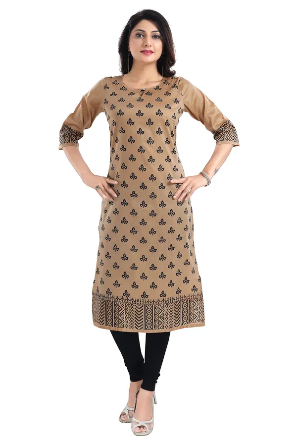 Gold_Cotton_Silk_Block_Print_Long_Kurta_For_Women