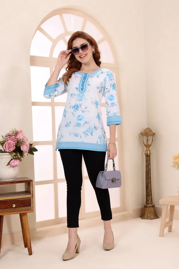 Sky_Blue_Cotton_Short_Kurti_Tunic_Top_with_Floral_Print_for_Women