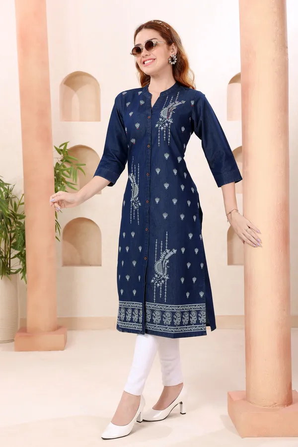 Swanky_Ban_Collar_Denim_Kurti_With_Hand_Embroidery