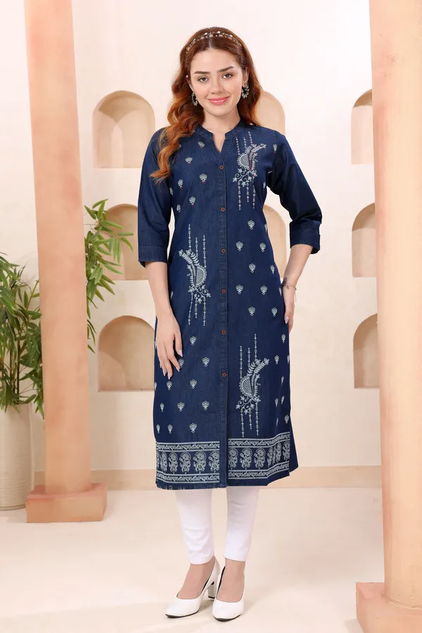 Swanky_Ban_Collar_Denim_Kurti_With_Hand_Embroidery
