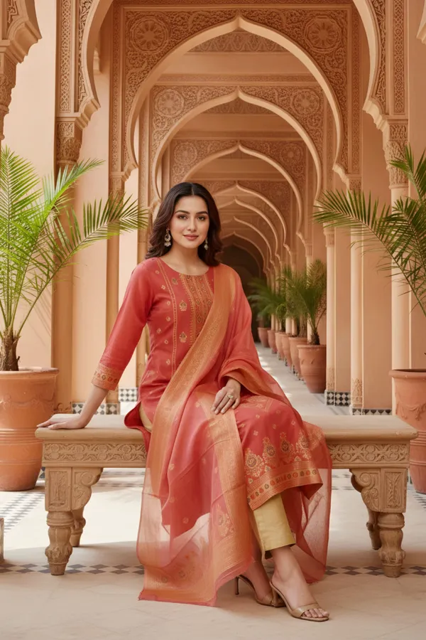 Maroon_Banarasi_Chanderi_Handwoven_Women_Three_Piece_Long_Kurta_Set
