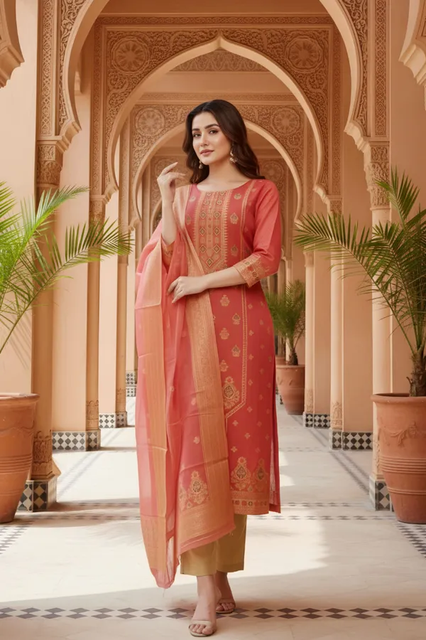 Maroon_Banarasi_Chanderi_Handwoven_Women_Three_Piece_Long_Kurta_Set