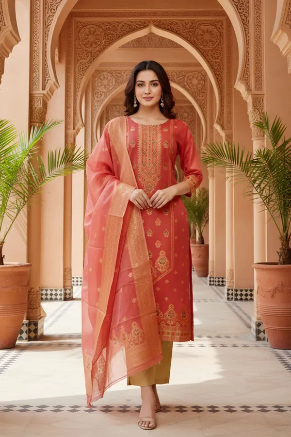 Maroon_Banarasi_Chanderi_Handwoven_Women_Three_Piece_Long_Kurta_Set