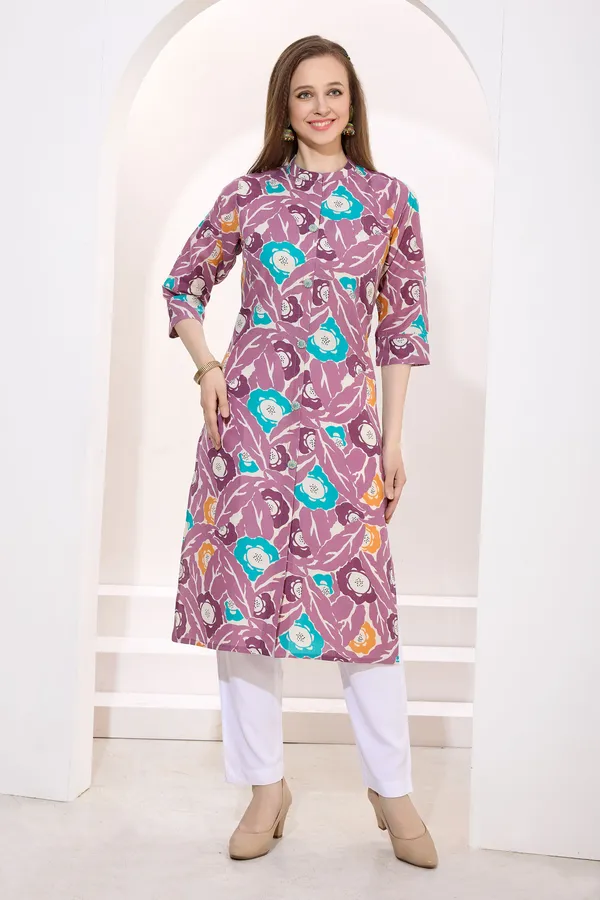 Wine_Linen_Cotton_Women_Long_Kurta_With_Ban_Collar