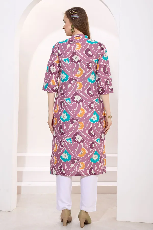Wine_Linen_Cotton_Women_Long_Kurta_With_Ban_Collar