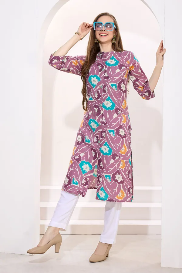 Wine_Linen_Cotton_Women_Long_Kurta_With_Ban_Collar