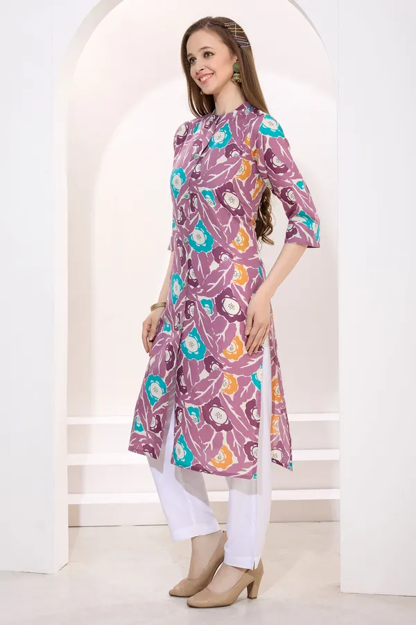 Wine_Linen_Cotton_Women_Long_Kurta_With_Ban_Collar