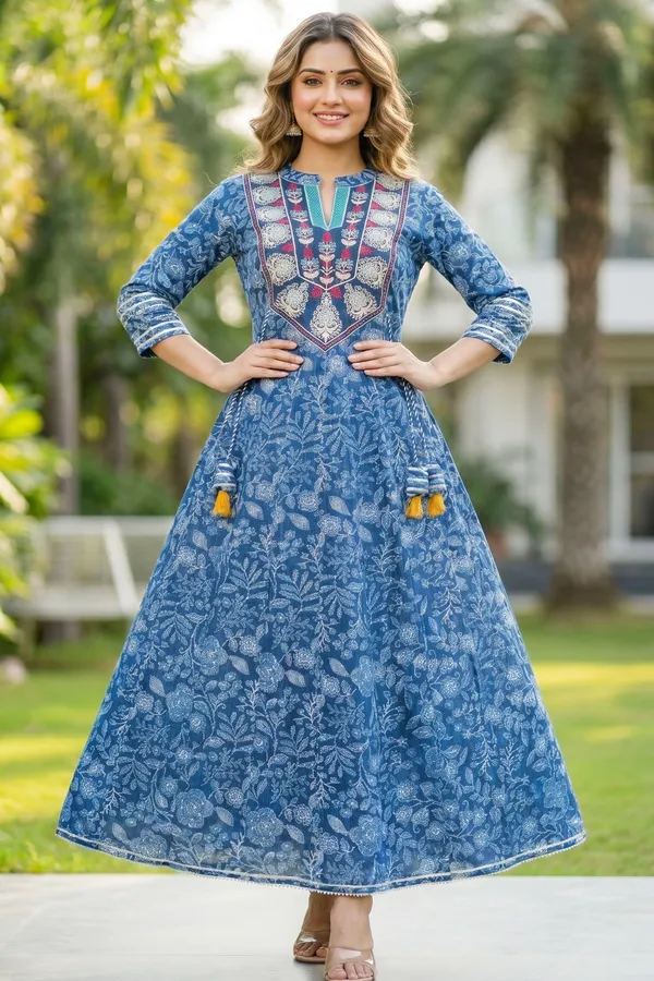 Indigo_Blue_Umbrella_Flair_Anarkali_Long_Kurti_with_Embroidery_and_Tussles