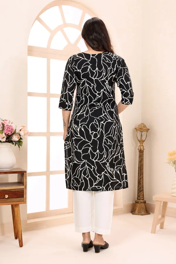 Chic_In_Black_Linen_Cotton_Round_Neck_Women_Long_Kurta