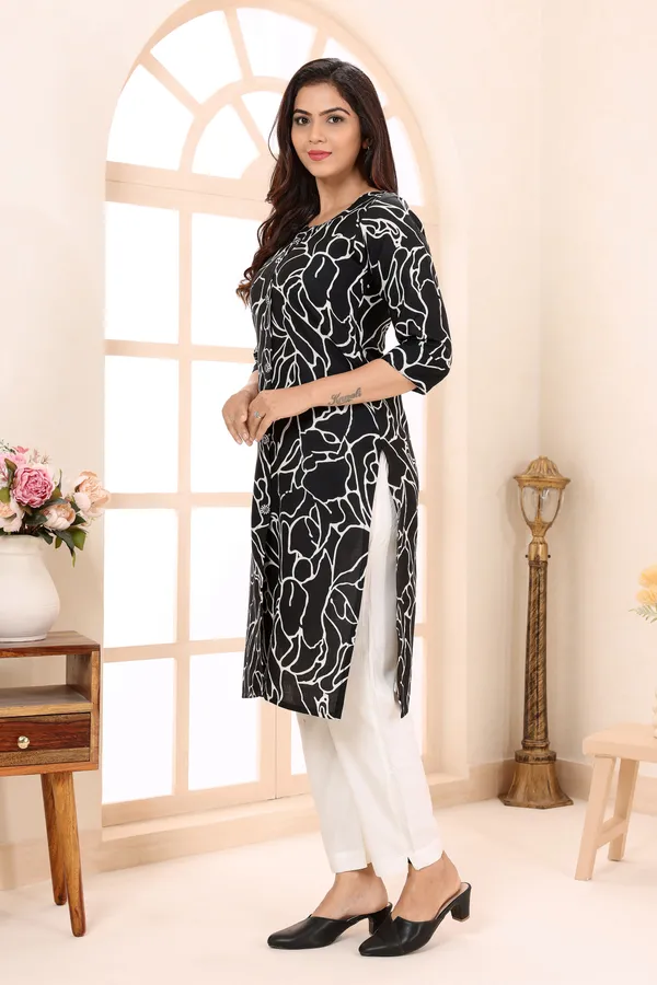 Chic_In_Black_Linen_Cotton_Round_Neck_Women_Long_Kurta