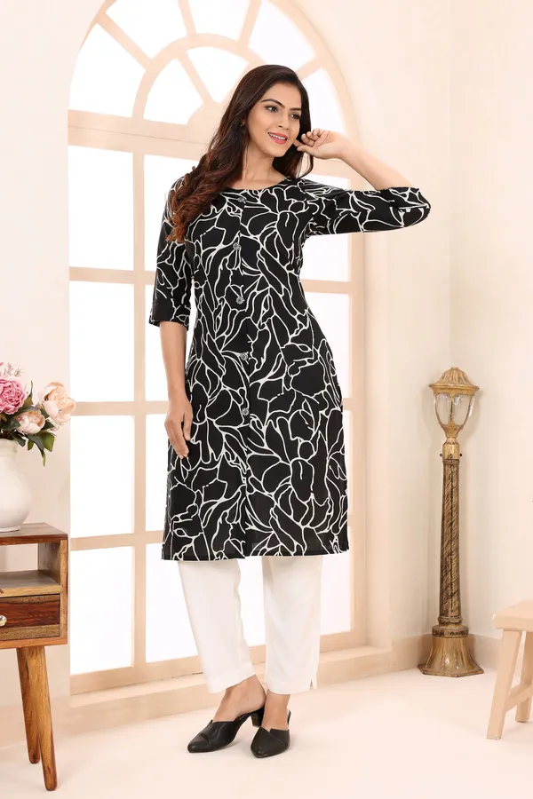 Chic_In_Black_Linen_Cotton_Round_Neck_Women_Long_Kurta