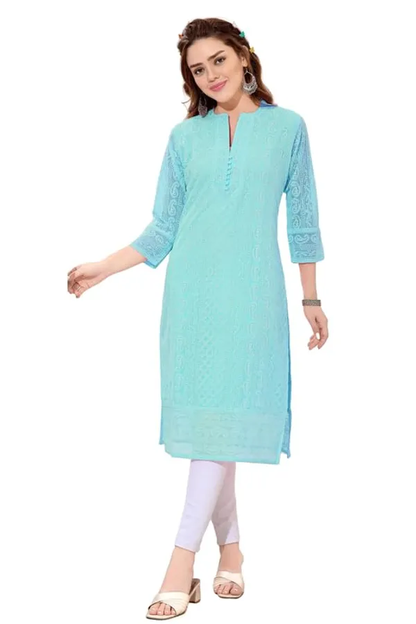 Women's_Chikankari_Georgette_Kurta_–_Three_Quarter_Sleeves,_Round_Neck,_Ethnic_Traditional_Kurta
