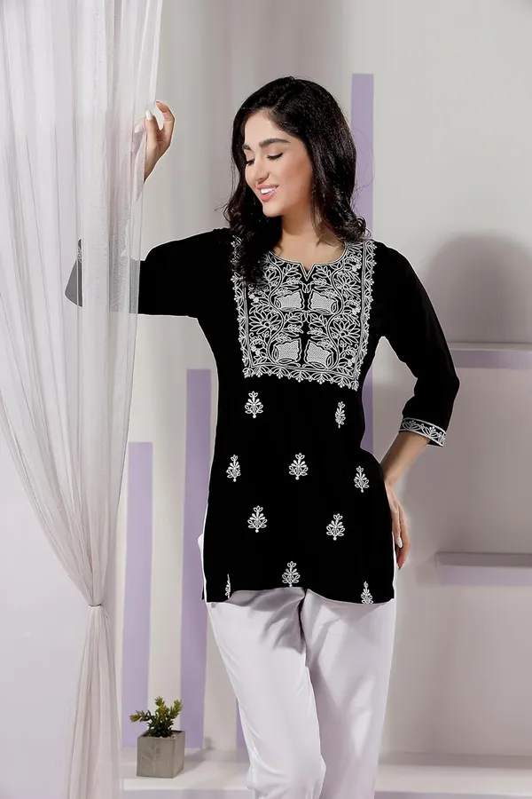 Trendy_Short_Kurti_In_Rayon_Fabric_With_Chikankari_Embroidery_For_Women_And_Girls_|_Kurti_Tops_|_Short_Kurti_|_Short_Kurti_For_Women_|_Short_Kurti_For_Girls