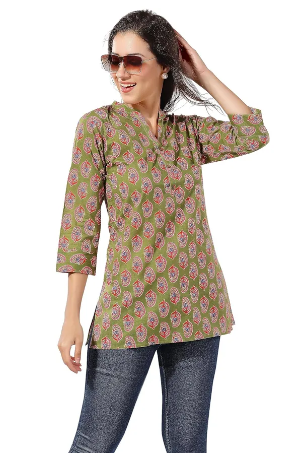 Mehandi_Green_Cotton_Printed_Short_Tunic_Top_|_Kurti_Tops_|_Short_Kurti_|_Short_Kurti_For_Women_|_Short_Kurti_For_Girls