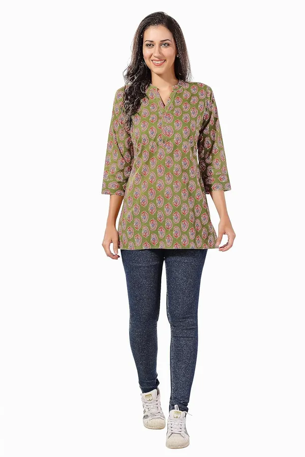 Mehandi_Green_Cotton_Printed_Short_Tunic_Top_|_Kurti_Tops_|_Short_Kurti_|_Short_Kurti_For_Women_|_Short_Kurti_For_Girls