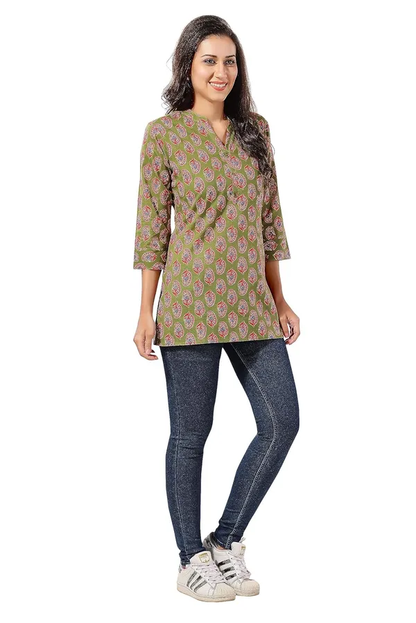 Mehandi_Green_Cotton_Printed_Short_Tunic_Top_|_Kurti_Tops_|_Short_Kurti_|_Short_Kurti_For_Women_|_Short_Kurti_For_Girls