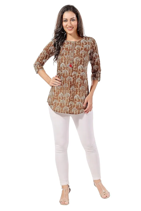 Green_Cotton_Printed_Tunic_With_Button_And_Thread_Work_|_Kurti_Tops_|_Short_Kurti_|_Short_Kurti_For_Women_|_Short_Kurti_For_Girls