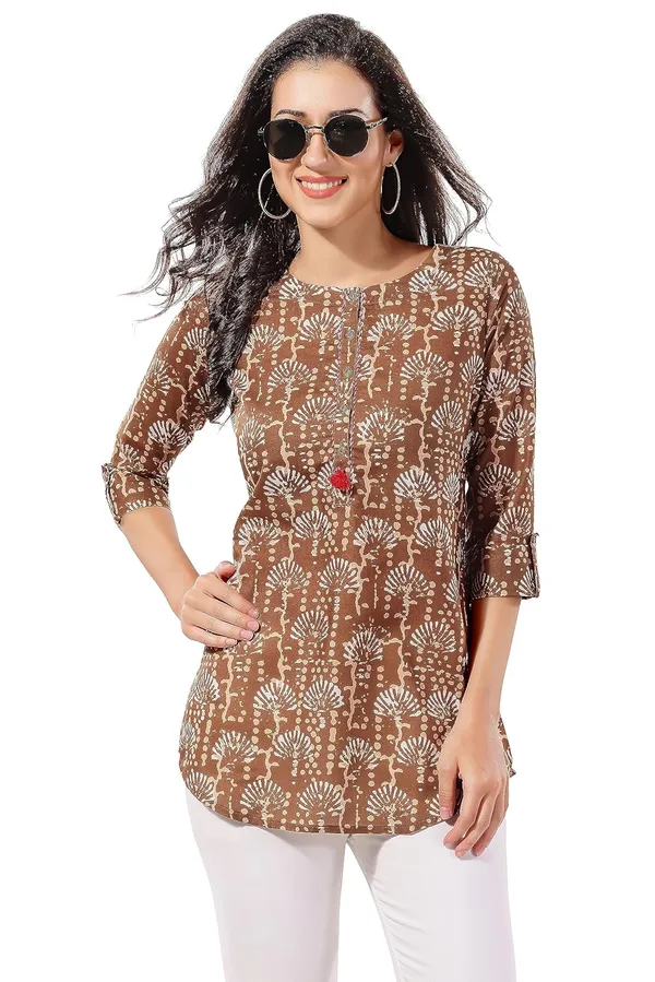 Green_Cotton_Printed_Tunic_With_Button_And_Thread_Work_|_Kurti_Tops_|_Short_Kurti_|_Short_Kurti_For_Women_|_Short_Kurti_For_Girls