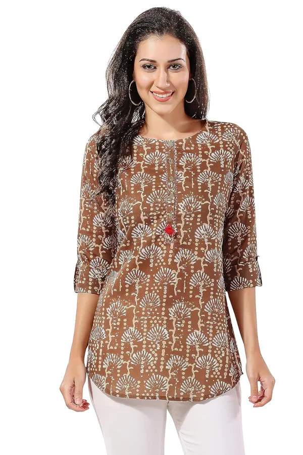Green_Cotton_Printed_Tunic_With_Button_And_Thread_Work_|_Kurti_Tops_|_Short_Kurti_|_Short_Kurti_For_Women_|_Short_Kurti_For_Girls