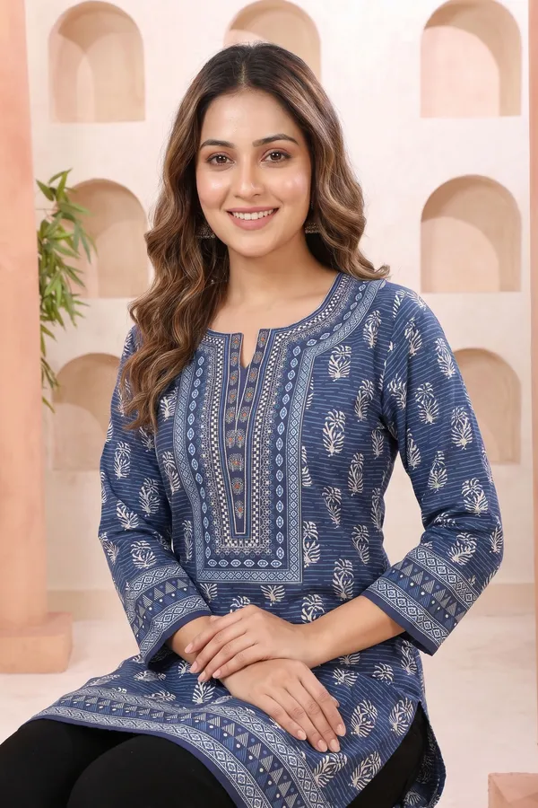 Classic_Blue_Cotton_Short_Kurti_with_Shirt_Collar_Ethnic_Block_Print_and_Thread_Work
