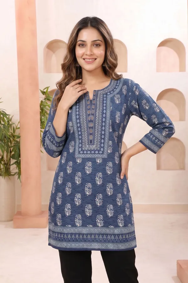 Classic_Blue_Cotton_Short_Kurti_with_Shirt_Collar_Ethnic_Block_Print_and_Thread_Work