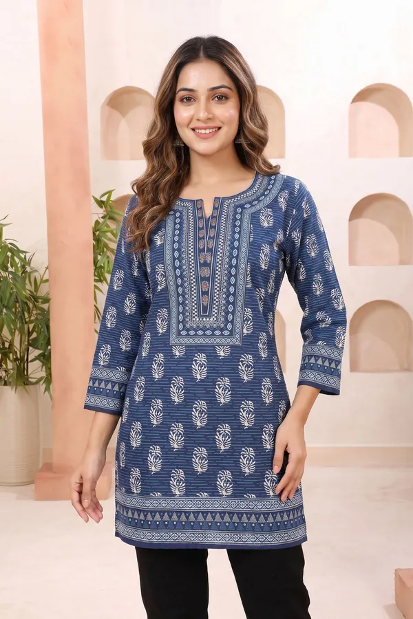 Classic_Blue_Cotton_Short_Kurti_with_Shirt_Collar_Ethnic_Block_Print_and_Thread_Work