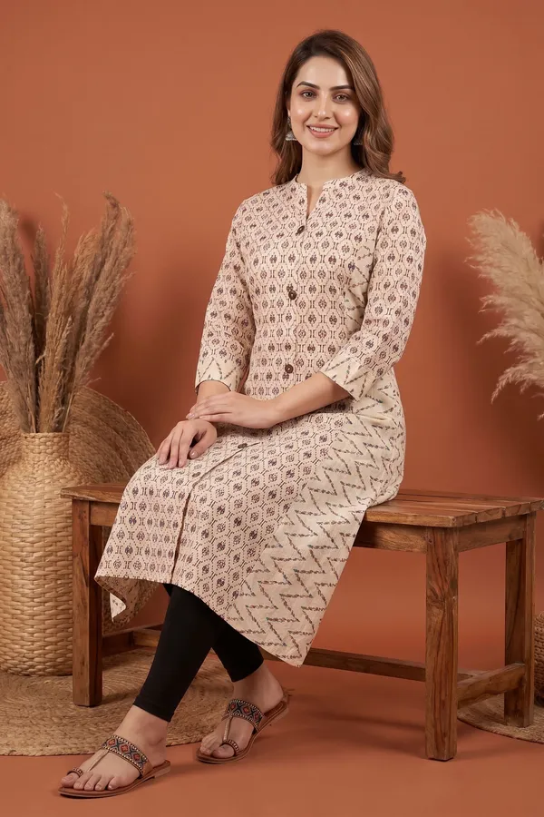 Classic_Cream_Cotton_Long_Kurti_with_V_Neck_A_Line_Silhouette_Floral_Print