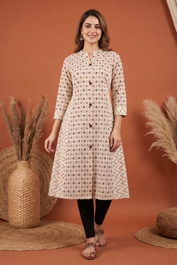 Classic_Cream_Cotton_Long_Kurti_with_V_Neck_A_Line_Silhouette_Floral_Print