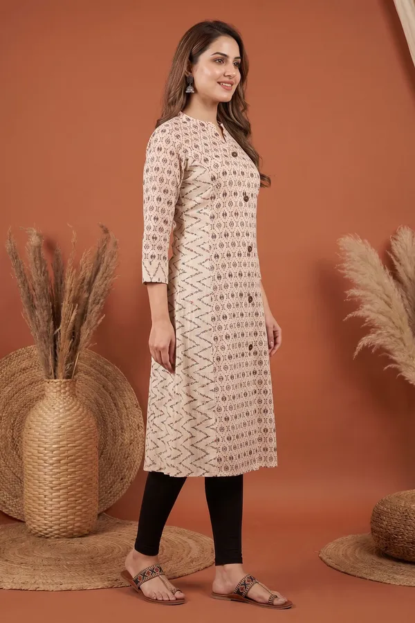 Classic_Cream_Cotton_Long_Kurti_with_V_Neck_A_Line_Silhouette_Floral_Print