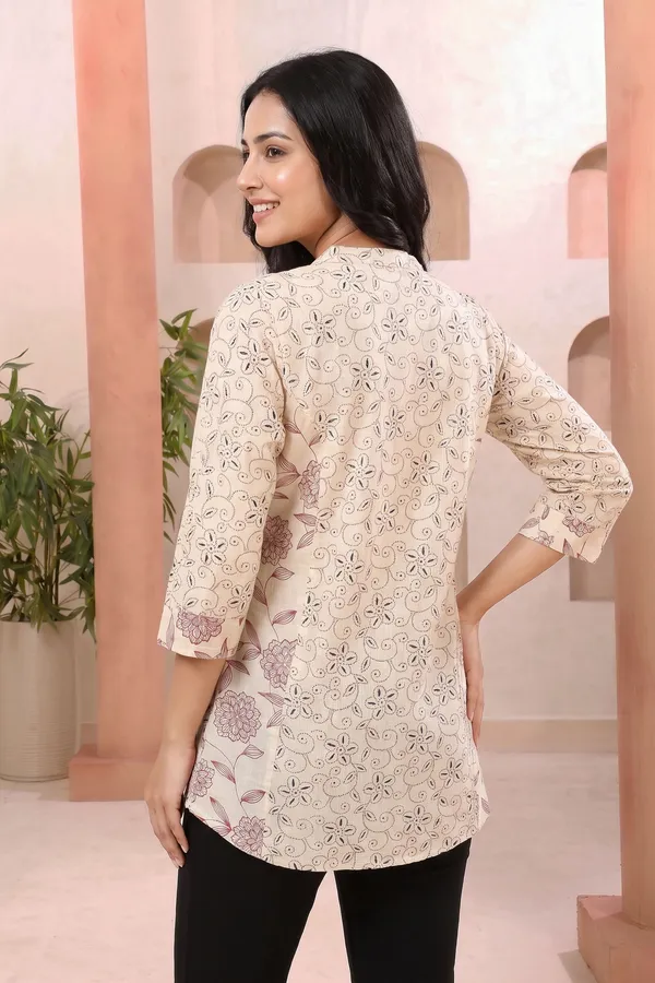 Classic_Cream_Cotton_Short_Kurti_with_Ban_Collar_Princess_Cut