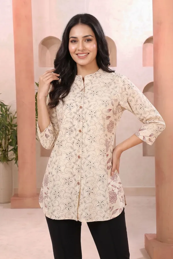 Classic_Cream_Cotton_Short_Kurti_with_Ban_Collar_Princess_Cut