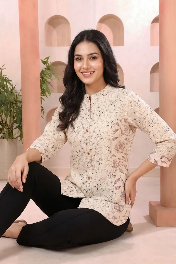 Classic_Cream_Cotton_Short_Kurti_with_Ban_Collar_Princess_Cut