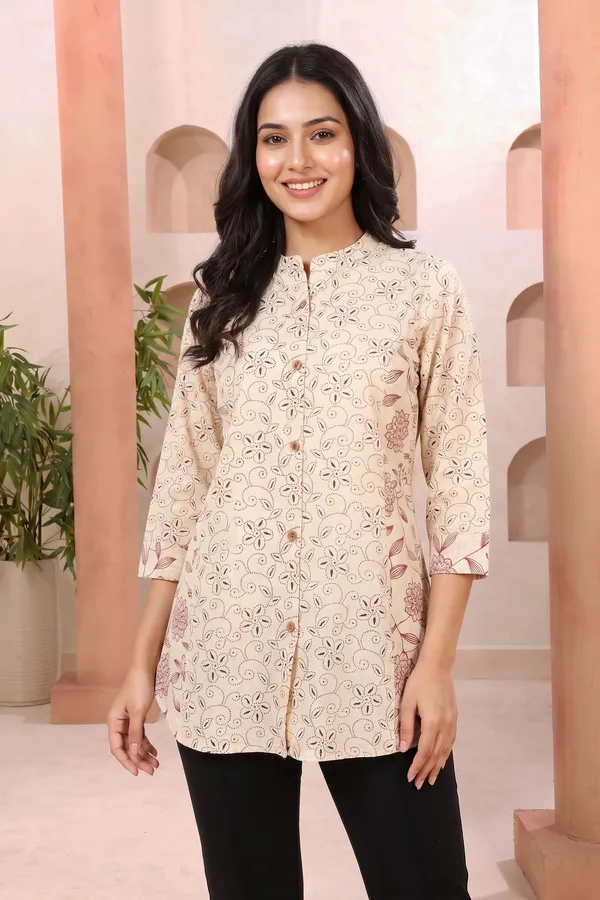 Classic_Cream_Cotton_Short_Kurti_with_Ban_Collar_Princess_Cut
