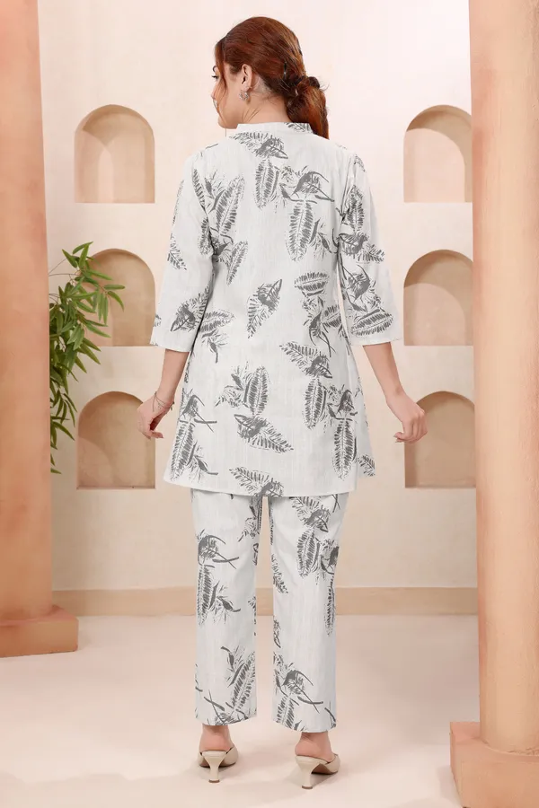 Designer_Gray_Leafy_Print_Ban_Collar_Cotton_Co_Ord_Set