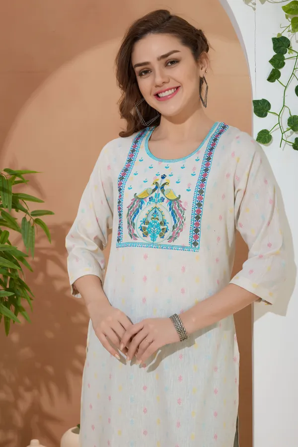 Designer_Cotton_Jaquard_Long_Kurta_With_Peacock_Embroidery