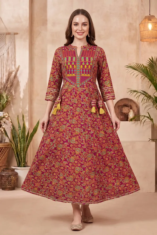 Earthy_Olive_Cotton_Anarkali_Kurti_with_Jaipuri_Floral_Print_Designer_Yoke_and_Decorative_Tassels