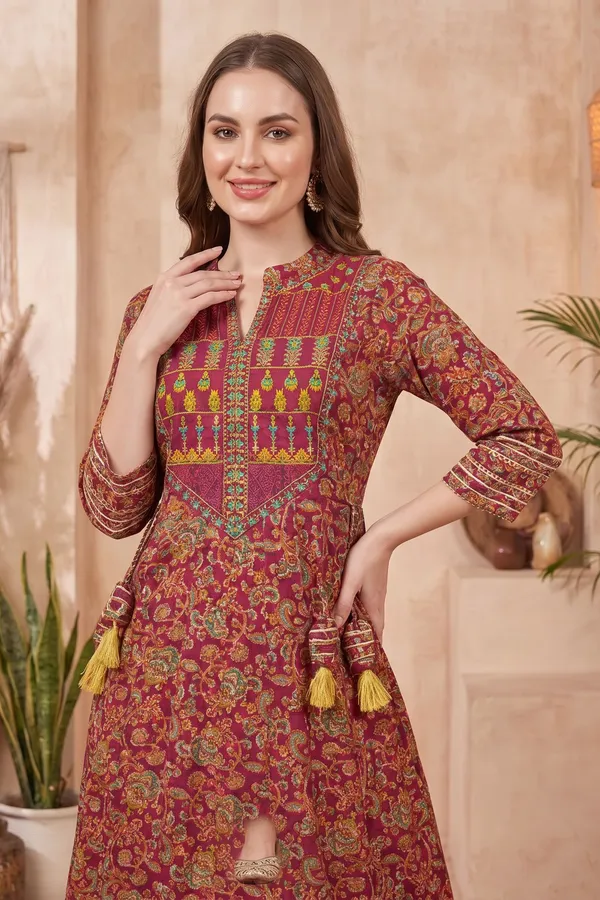 Earthy_Olive_Cotton_Anarkali_Kurti_with_Jaipuri_Floral_Print_Designer_Yoke_and_Decorative_Tassels