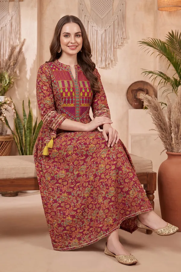 Earthy_Olive_Cotton_Anarkali_Kurti_with_Jaipuri_Floral_Print_Designer_Yoke_and_Decorative_Tassels