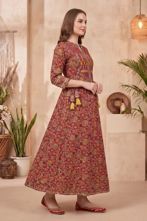 Earthy_Olive_Cotton_Anarkali_Kurti_with_Jaipuri_Floral_Print_Designer_Yoke_and_Decorative_Tassels