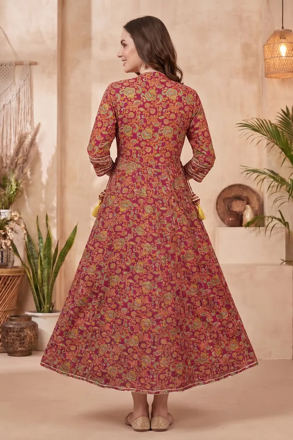 Earthy_Olive_Cotton_Anarkali_Kurti_with_Jaipuri_Floral_Print_Designer_Yoke_and_Decorative_Tassels