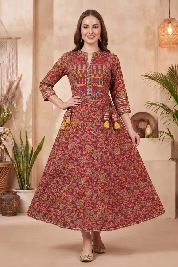 Earthy_Olive_Cotton_Anarkali_Kurti_with_Jaipuri_Floral_Print_Designer_Yoke_and_Decorative_Tassels