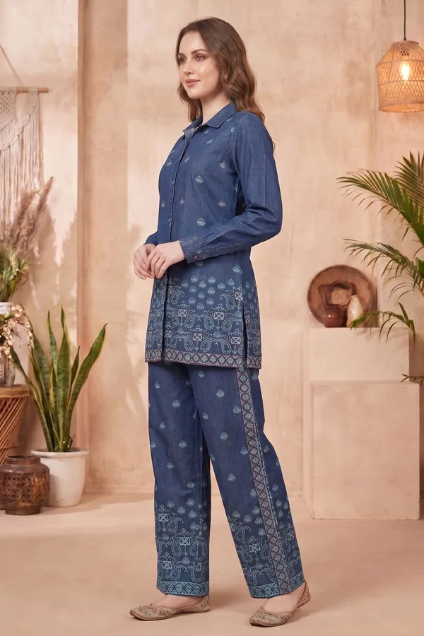 Earthy_Olive_Designer_Shirt_Top_with_Bandhani_Geometric_Print_and_Peacock_Placement_Design