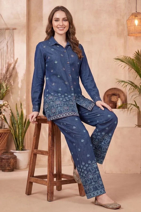 Earthy_Olive_Designer_Shirt_Top_with_Bandhani_Geometric_Print_and_Peacock_Placement_Design
