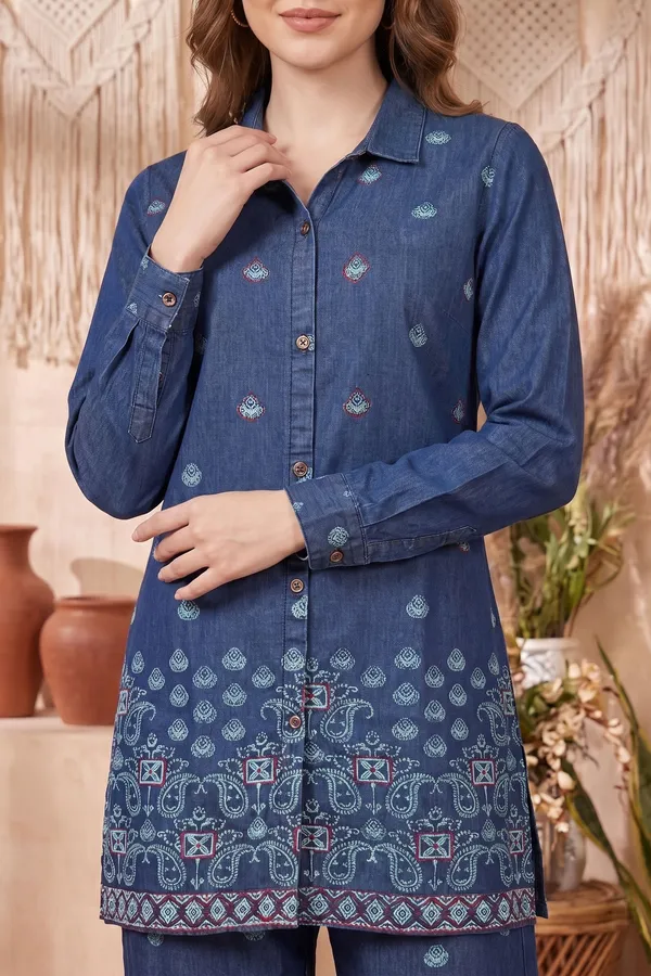 Earthy_Olive_Designer_Shirt_Top_with_Bandhani_Geometric_Print_and_Peacock_Placement_Design