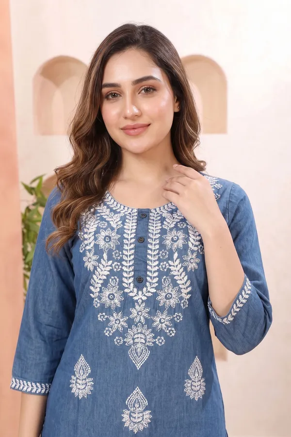 Elegant_Blue_Womens_Tunic_with_Ban_Collar_Leaf_Print