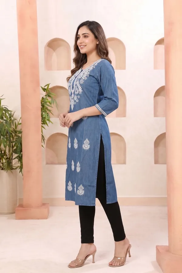 Elegant_Blue_Womens_Tunic_with_Ban_Collar_Leaf_Print