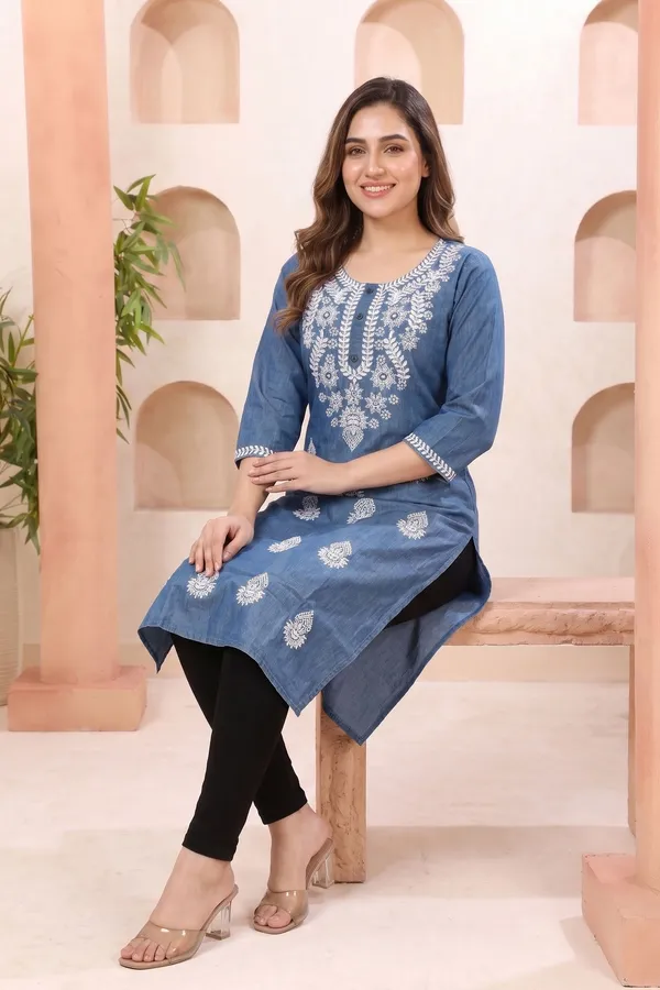 Elegant_Blue_Womens_Tunic_with_Ban_Collar_Leaf_Print