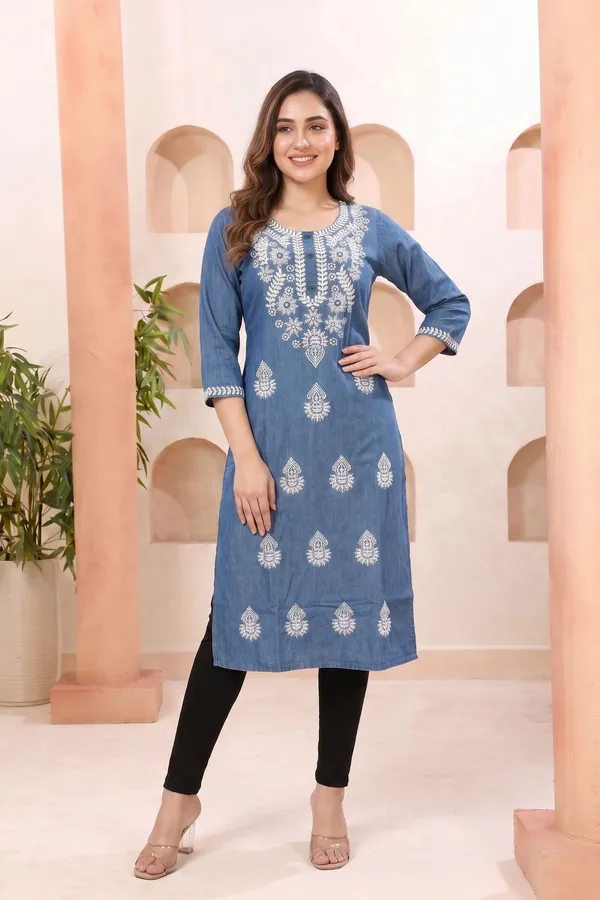 Elegant_Blue_Womens_Tunic_with_Ban_Collar_Leaf_Print