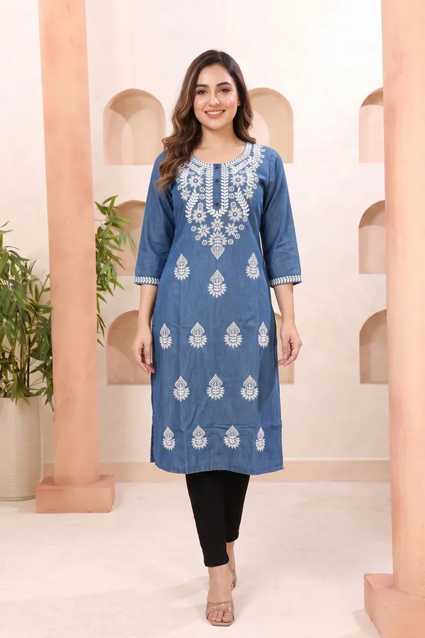 Elegant_Blue_Womens_Tunic_with_Ban_Collar_Leaf_Print